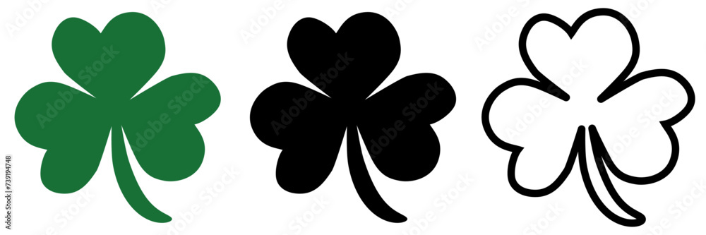 St Patrick's Day three leaf shamrock clover irish good luck fortune flat vector icon set isolated on transparent background - obrazy, fototapety, plakaty 