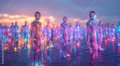 An army of holographic human figures, lavender neon colors photo