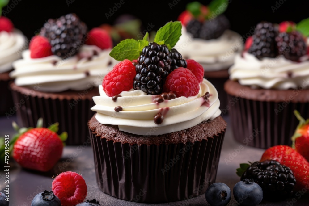abstract colorful background of chocolate cupcake, with cream and fruits