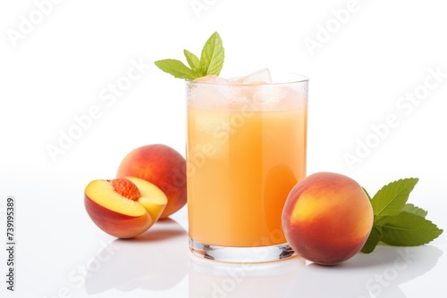 glass of peach juice on white background