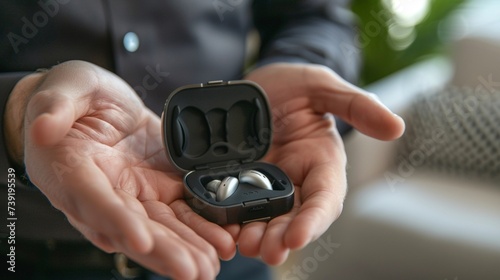 Doctor audiologist in his office with one hearing aid in his hand and two hearing aids in their case.