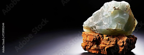 Austinite is a rare precious natural stone on a black background. AI generated. Header banner mockup with space. photo