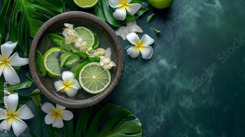 bowl with lime and tropical flowers, spa concept