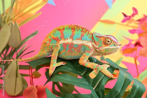 bright chameleon close-up on a rainbow background  bright and contrasting