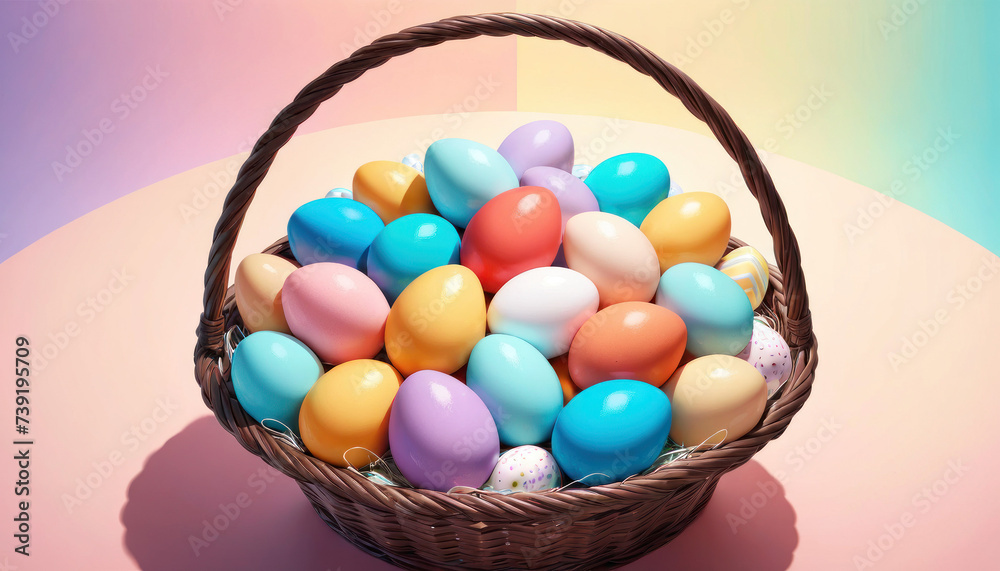 Naklejka premium Colorful Easter Eggs in Basket, A festive Easter card featuring a woven basket brimming with vibrant, pastel-colored eggs. Perfect for springtime celebrations and holiday greetings.