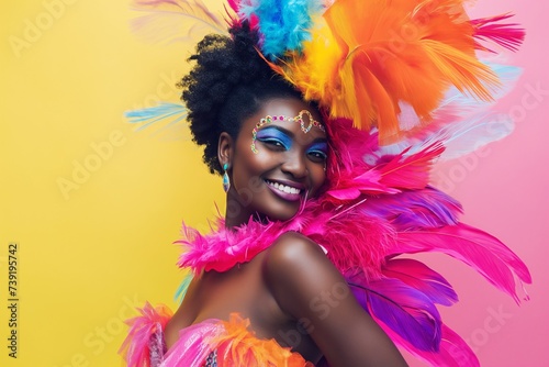African woman in a bright carnival costume on bright background