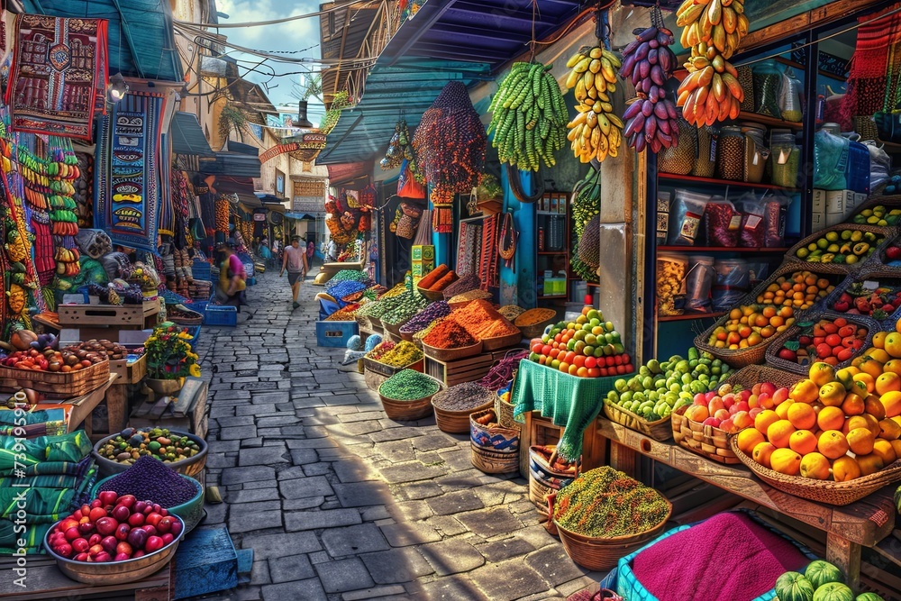 This painting depicts a vibrant outdoor market filled with an array of colorful fruits and vegetables. Customers and vendors interact amidst the bustling scene. Generative AI