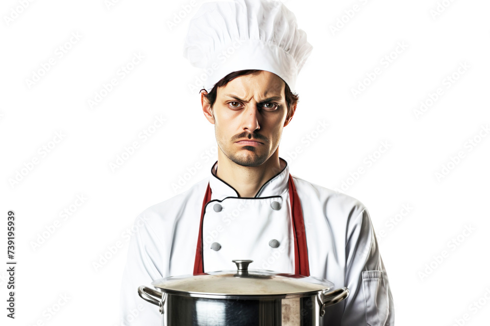 Angry male professional chef in service uniform, white background isolate. Angry male professional chef in service uniform, white background isolate.
