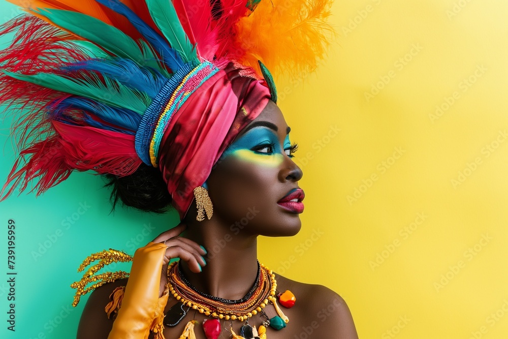 African woman in a bright carnival costume on bright background - obrazy, fototapety, plakaty 