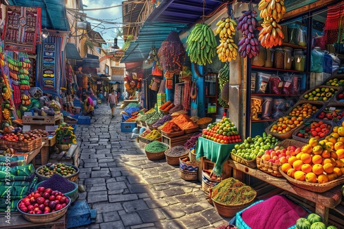 This painting depicts a vibrant outdoor market filled with an array of colorful fruits and vegetables. Customers and vendors interact amidst the bustling scene. Generative AI