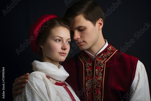 Swedish couple in stylish attire, deep in thought against a vibrant black backdrop. © Akash