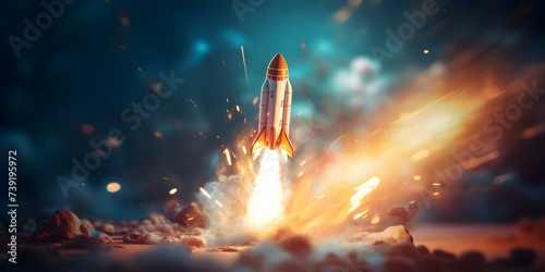 Entrepreneur achieves soaring success with rocket launch symbolizing strategic growth and innovation. Concept Business Innovation, Strategic Growth, Entrepreneurial Success, Rocket Launch photo