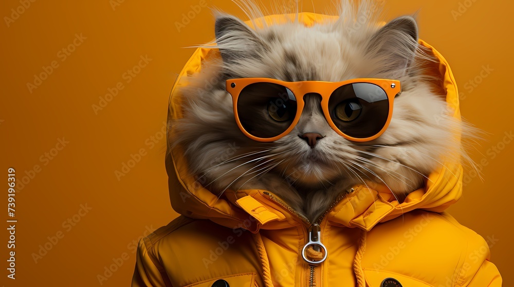 A fashion-forward cat showcases its individuality in a vibrant outfit and stylish glasses against a solid bright yellow background. 