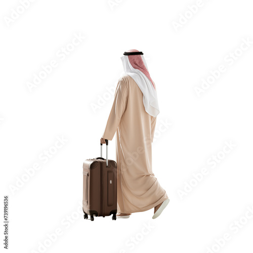 Rear view or Back view of Arab traveler man carrying a suitcase isolated on a white background. Hajj and Umrah vacation and travel concept