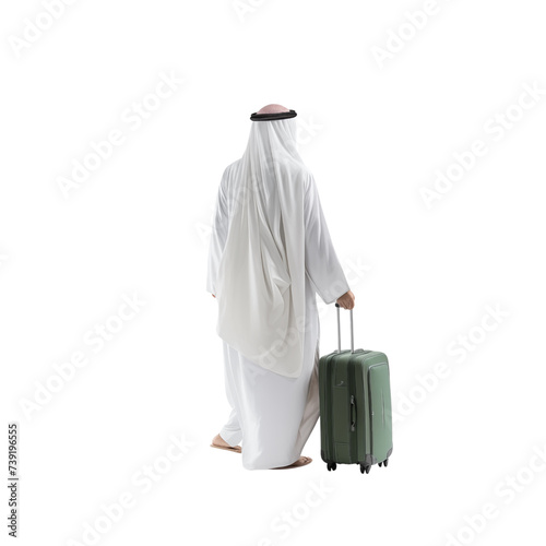 Rear view or Back view of Arab traveler man carrying a suitcase isolated on a white background. Hajj and Umrah vacation and travel concept