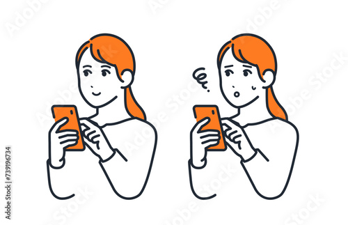 スマートフォンを操作する若い女性のシンプルなベクターイラストセット素材
