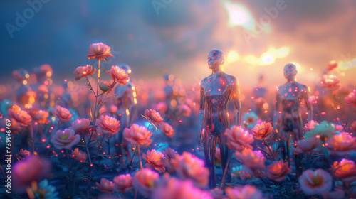 Holographic human figures in flowers, a futuristic concept #739196769