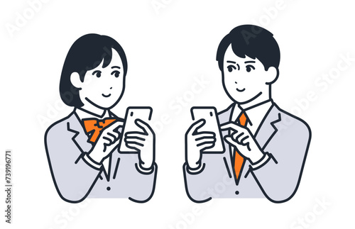スマートフォンを操作する男女の学生のシンプルなベクターイラスト素材