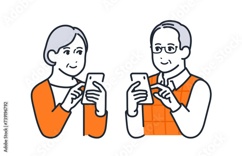 スマートフォンを操作する男女のシニアのシンプルなベクターイラスト素材