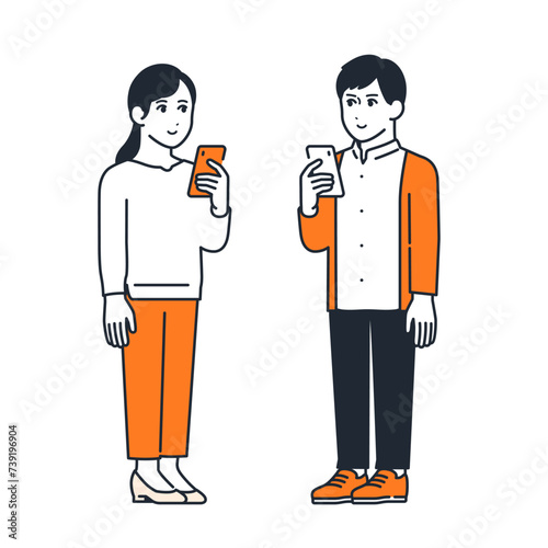スマートフォンを持つ若い夫婦のシンプルなベクターイラストセット素材