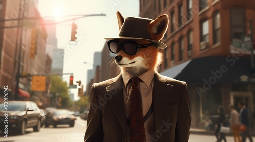 A fashion-forward fox sporting a fedora and a tailored suit, strutting down a city sidewalk with wireless headphones, exuding confidence