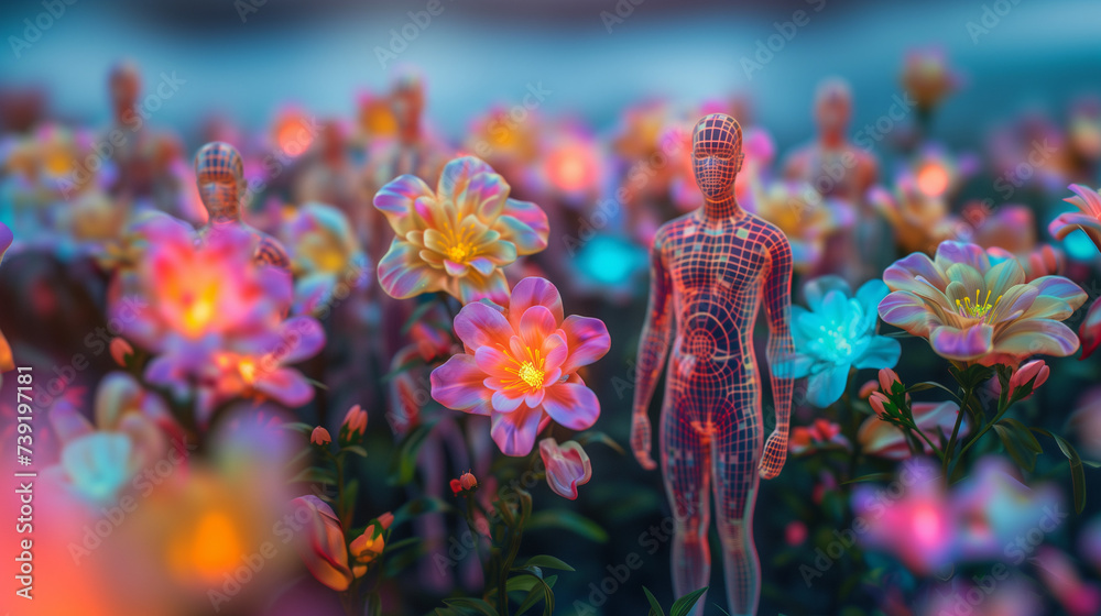 Holographic human figures in flowers, a futuristic concept
