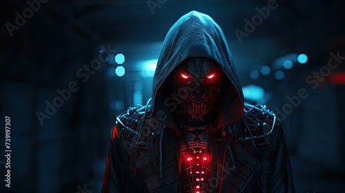 Evil skeleton robot in metal armor. Skull of futuristic evil cyborg in hood. Technology, robotics, artificial intelligence and future concept.