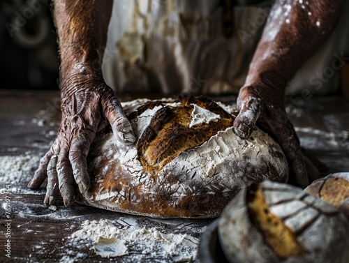 Baking sourdough bread in a rustic kitchen, flour-dusted hands shaping the dough