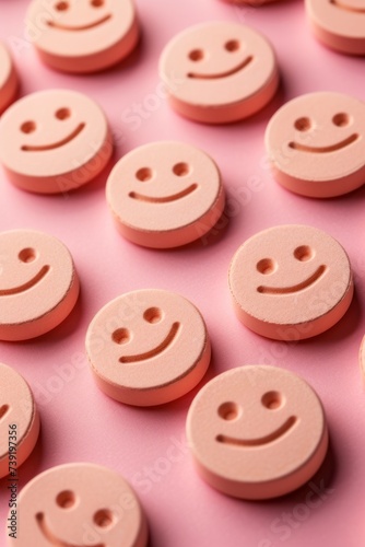 A row of round funny emoticon candies with a smiley on them isolated on a pastel pink background.