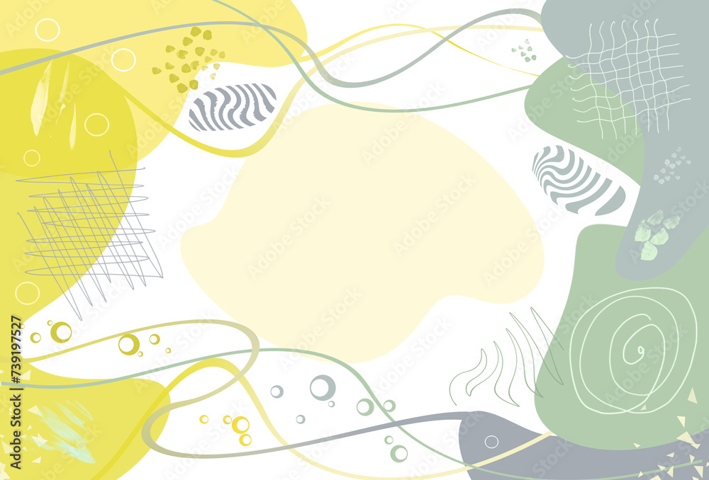 Illustration of an abstract background. Abstract green and yellow art background with spots and wavy lines of different shape and forms. Flat lay . Art business card template. Free copy space Illustration of an abstract background. Abstract green and yellow art background with spots and wavy lines of different shape and forms. Flat lay . Art business card template. Free copy space