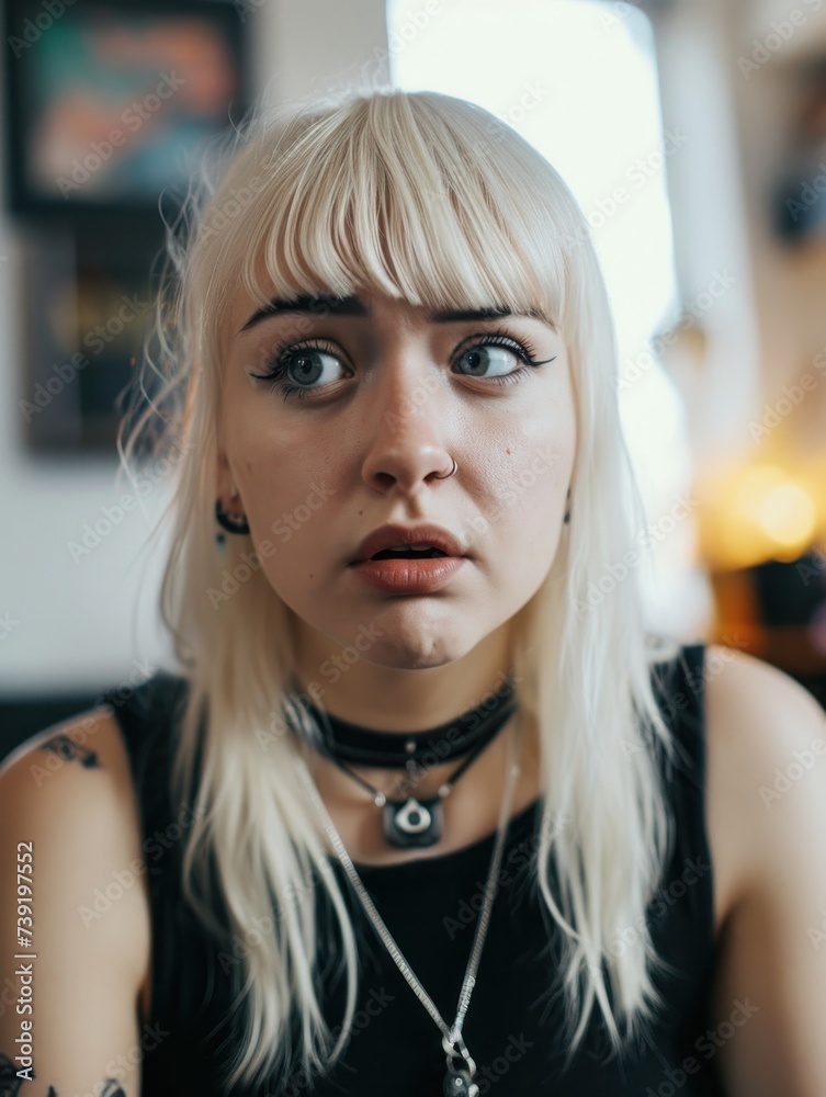selfie of a blonde depressed woman in the room, in the style of gothcore, glitchcore. drug addict, relationship problems concept selfie of a blonde depressed woman in the room, in the style of gothcore, glitchcore. drug addict, relationship problems concept
