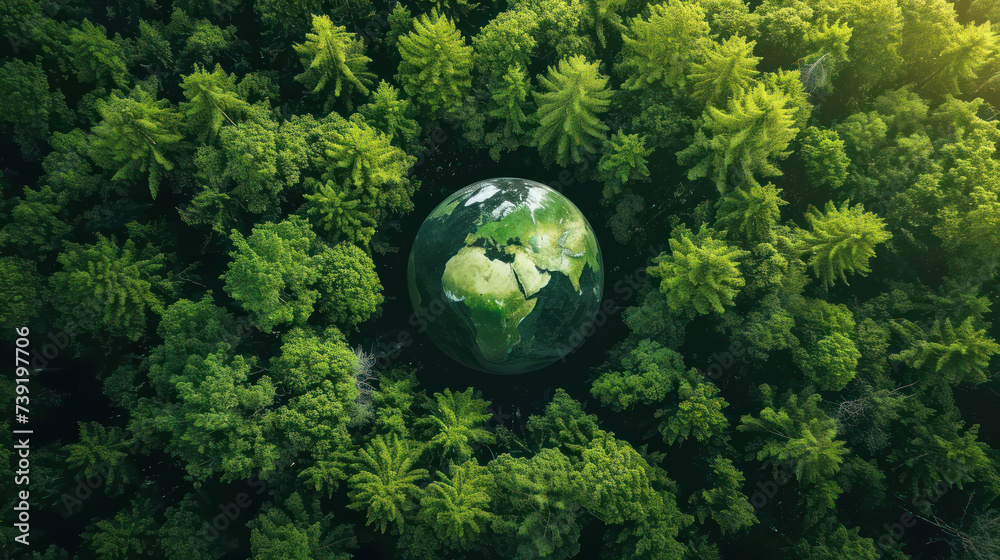 Green globe planet earth surrounded by forest trees. Development of recycling and production infrastructure with low environmental impact. Eco solutions. Investment in green industry projects. Green globe planet earth surrounded by forest trees. Development of recycling and production infrastructure with low environmental impact. Eco solutions. Investment in green industry projects.