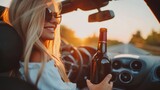 Dangerous consequences  reckless young woman driving under the influence with wine bottle