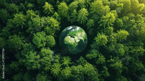 Green globe planet earth surrounded by forest trees. Development of recycling and production infrastructure with low environmental impact. Eco solutions. Investment in green industry projects.