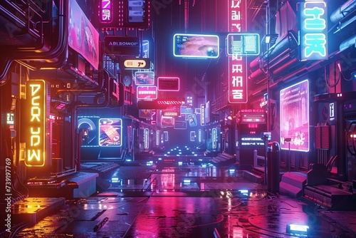 A cityscape at night featuring futuristic architecture, neon signs, and vibrant neon lights illuminating the streets and buildings. Generative AI