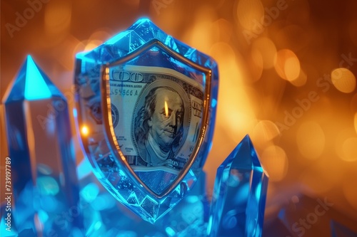 A money inside blue crystal shield for money protection and saving plan