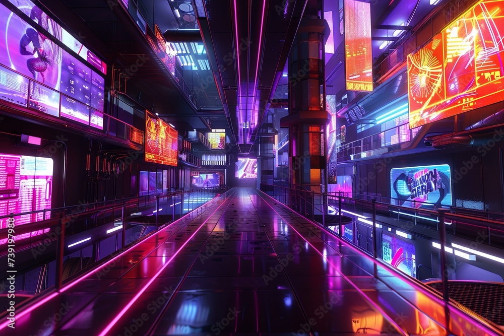 A long hallway illuminated by neon lights with various neon signs hanging on the walls, creating a vibrant and energetic atmosphere. Generative AI