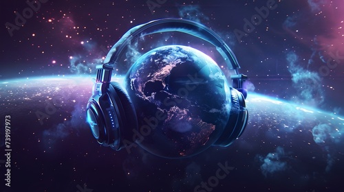 Planet earth wearing headphones in a vibrant cosmic scenery. futuristic digital art for music and space themes. ideal for posters. AI photo