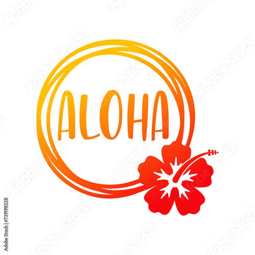 Logo vacaciones en Hawái. Marco circular con líneas con  palabra aloha y silueta de flor de hibisco