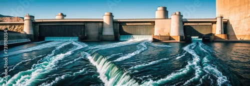 View of the hydroelectric dam on the river, generative ai. photo