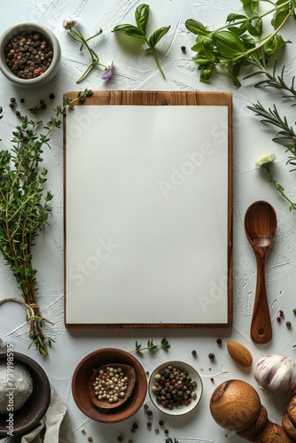 The blank restaurant menu on a white background is surrounded by seasoning and cutlery for design purposes