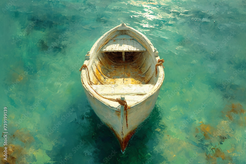 top down view . Clear water. oil painting of small boat at sea in a sunny day, modern impressionism top down view . Clear water. oil painting of small boat at sea in a sunny day, modern impressionism