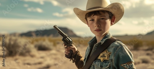 a boy in a cowboy hat holding a gun