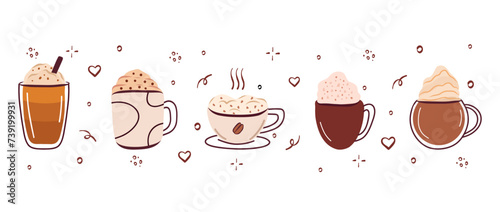 Didifferent types coffee. Set beverage. Coffee cup vector illustrations isolated on white background. Espresso, americano, cappuccino, latte cup, coffee bubble, glace, irish, mead raf, mocha, macchiat photo