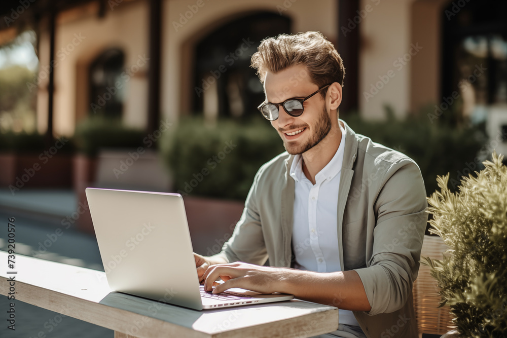 Young handsome blonde man at outdoors working with a laptop