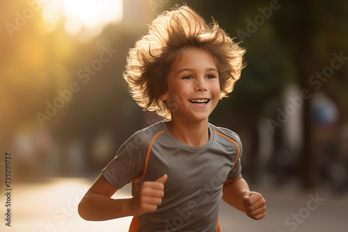 Little brunette kid at outdoors running fast photo