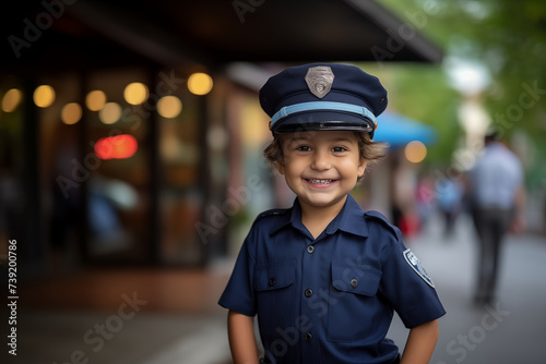 Little brunette kid at outdoors with police uniform