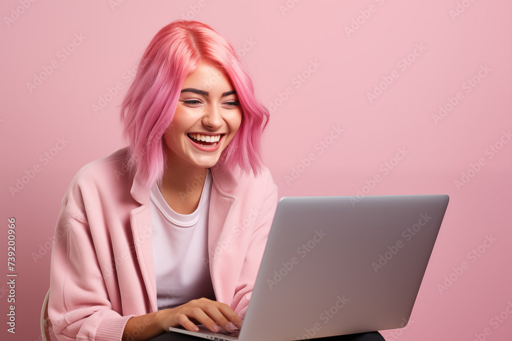 Young pink haired woman over isolated colorful background working with a laptop Young pink haired woman over isolated colorful background working with a laptop