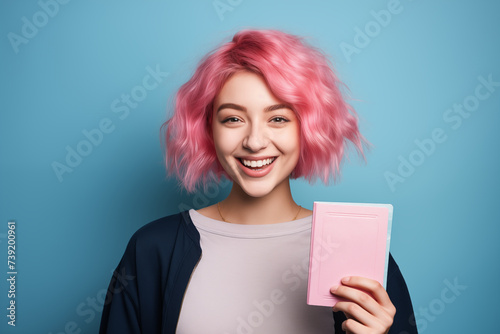 Young pink haired woman over isolated colorful background holding a passport photo