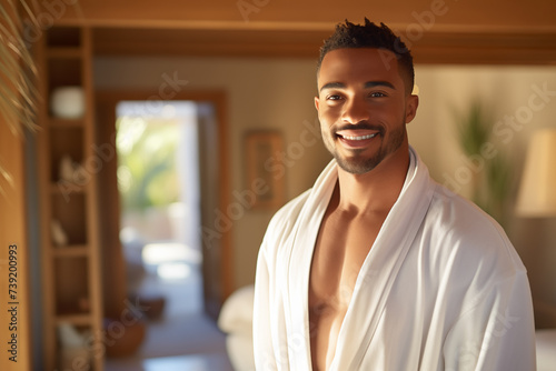 Young African American man in a bathrobe